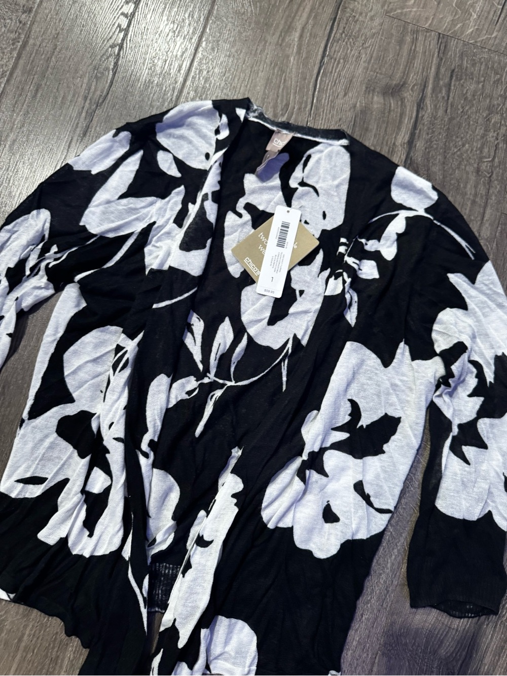 Chico’s New Black & White Floral Open Front Cardigan size 1 women medium - Picture 2 of 7